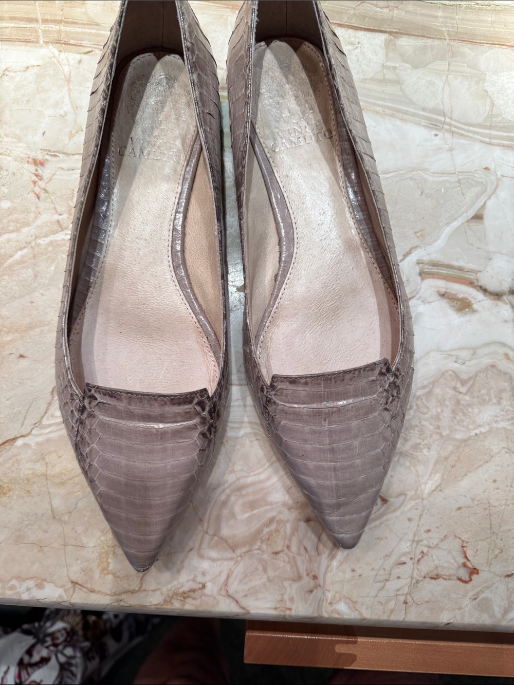 Vince Camuto Taupe Croc-Embossed Pointed-Toe Flats